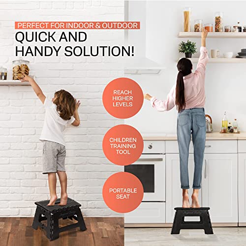 Inspired Living 9" Step Stool, Folding Step Stools for Adults, Plastic Foldable Step Stools Kids, Holds Up To 330 lbs, Collapsible Folding Stool for Kitchen, Bathroom, Bedroom - Black