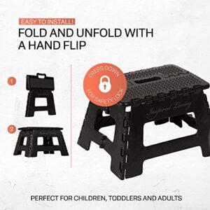 Inspired Living 9" Step Stool, Folding Step Stools for Adults, Plastic Foldable Step Stools Kids, Holds Up To 330 lbs, Collapsible Folding Stool for Kitchen, Bathroom, Bedroom - Black