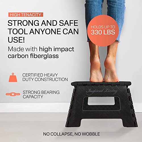 Inspired Living 9" Step Stool, Folding Step Stools for Adults, Plastic Foldable Step Stools Kids, Holds Up To 330 lbs, Collapsible Folding Stool for Kitchen, Bathroom, Bedroom - Black
