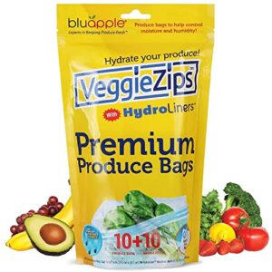 bluapple veggiezips premium produce storage bags - 10 produce food saver bags + 10 hydroliners to keep produce fresh longer - washable & reusable bags for humidity control for fruits and vegetables