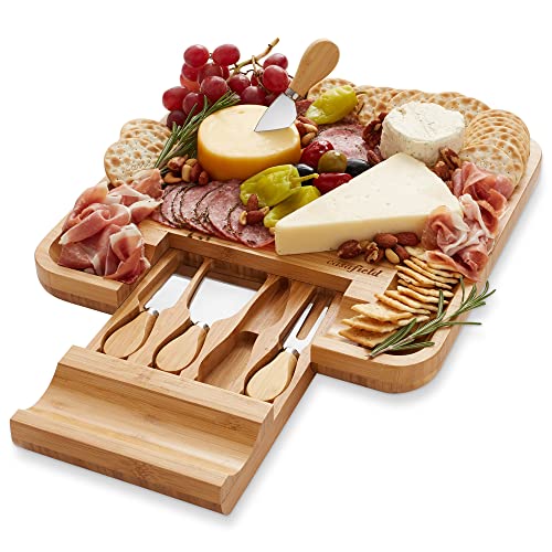 Casafield Organic Bamboo Cheese Cutting Board & Knife Gift Set - Wooden Serving Tray for Charcuterie Meat Platter, Fruit & Crackers - Slide Out Drawer with 4 Stainless Steel Knives