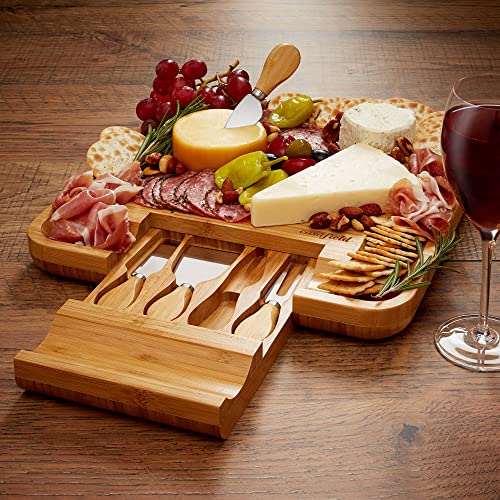 Casafield Organic Bamboo Cheese Cutting Board & Knife Gift Set - Wooden Serving Tray for Charcuterie Meat Platter, Fruit & Crackers - Slide Out Drawer with 4 Stainless Steel Knives