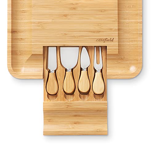 Casafield Organic Bamboo Cheese Cutting Board & Knife Gift Set - Wooden Serving Tray for Charcuterie Meat Platter, Fruit & Crackers - Slide Out Drawer with 4 Stainless Steel Knives