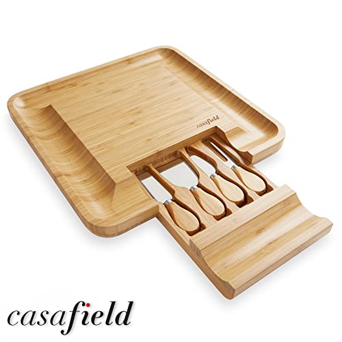 Casafield Organic Bamboo Cheese Cutting Board & Knife Gift Set - Wooden Serving Tray for Charcuterie Meat Platter, Fruit & Crackers - Slide Out Drawer with 4 Stainless Steel Knives