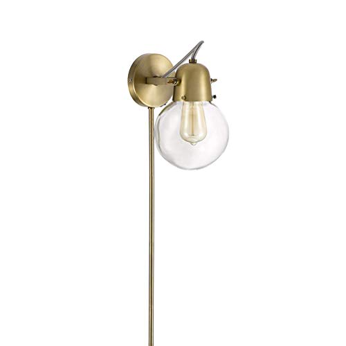 Amazon Brand – Rivet Mid-Century Modern Single Glass Globe Plug-In Wall Sconce With LED Light Bulb - 9.5 x 6.25 x 9.75 Inches, Gold Satin Brass - 21168-001