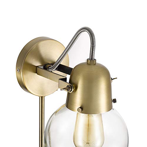 Amazon Brand – Rivet Mid-Century Modern Single Glass Globe Plug-In Wall Sconce With LED Light Bulb - 9.5 x 6.25 x 9.75 Inches, Gold Satin Brass - 21168-001