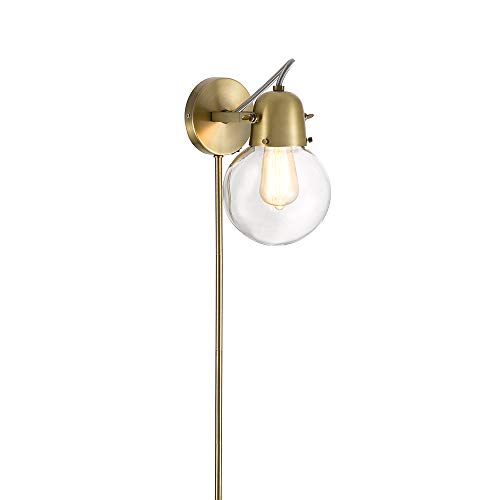 Amazon Brand – Rivet Mid-Century Modern Single Glass Globe Plug-In Wall Sconce With LED Light Bulb - 9.5 x 6.25 x 9.75 Inches, Gold Satin Brass - 21168-001