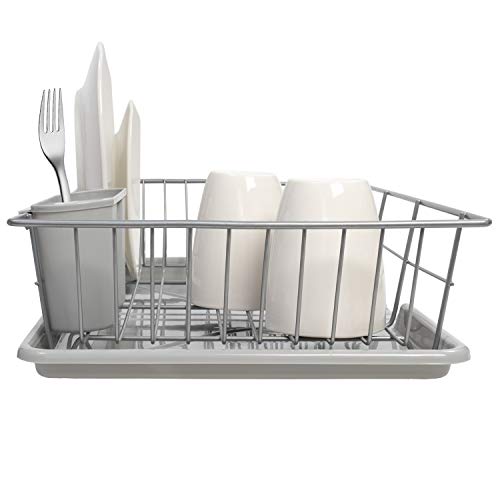 Sweet Home Collection 3 Piece Dish Drainer Rack Set, 12" x 19" x 5", Silver