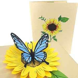 poplife blue butterfly and sunflower pop up mother's day card - 3d anniversary, valentine's day card, thank you, happy birthday - for mom, for wife, for daughter, for sister