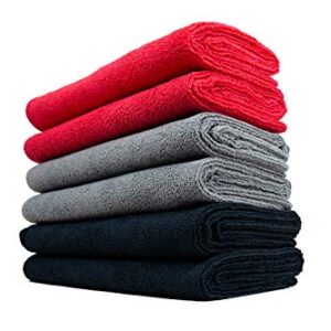 The Rag Company - Car Wash Towel - Professional Microfiber Auto Detailing and Drying Towels, Lint-Free, Streak-Free, Great for General Cleaning, 320gsm, 16in x 27in, Red + Grey + Black (6-Pack)