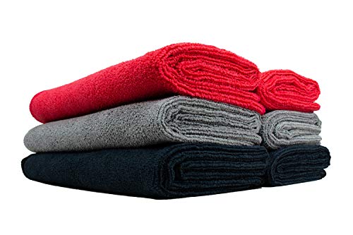 The Rag Company - Car Wash Towel - Professional Microfiber Auto Detailing and Drying Towels, Lint-Free, Streak-Free, Great for General Cleaning, 320gsm, 16in x 27in, Red + Grey + Black (6-Pack)