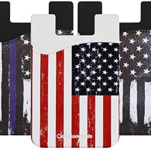 USA Merchant - Cellessentials Redesigned Card Holder - Silicone Stick on Cell Phone Wallet with Pocket for Credit Card ID Business Card - iPhone Android & Smartphones (American Flag/Thin Blue Line)