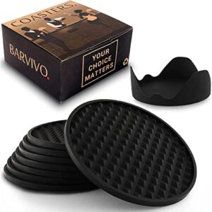 barvivo black silicone coasters for drinks - anti slip coaster sets with holder, 8 pack - cup coasters for tabletop protection in office or home - unbreakable table coaster for outdoor and indoor