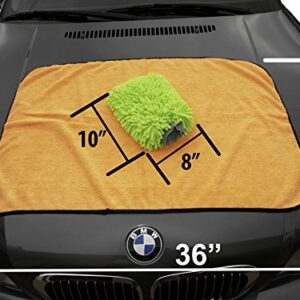 Kleen Freak Car Washing Drying Towel Large Microfiber Gold (24 in. x 36 in.) Plus Car Wash Microfiber Chenille Mitt Large Lime Green (10 in. x 8 in.) Detailing Quality