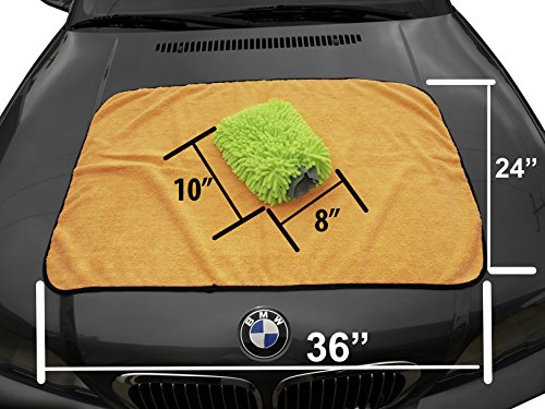 Kleen Freak Car Washing Drying Towel Large Microfiber Gold (24 in. x 36 in.) Plus Car Wash Microfiber Chenille Mitt Large Lime Green (10 in. x 8 in.) Detailing Quality