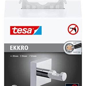 tesa EKKRO Bathroom Hook - No Drill Chromed Metal Self-Adhesive Hook for The Bathroom in Round Design - Stainless - Waterproof - Includes Removable Glue Solution