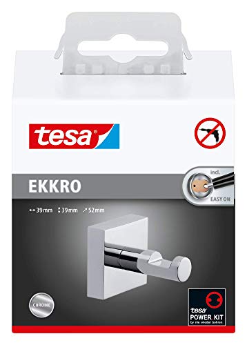 tesa EKKRO Bathroom Hook - No Drill Chromed Metal Self-Adhesive Hook for The Bathroom in Round Design - Stainless - Waterproof - Includes Removable Glue Solution