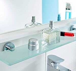 tesa SMOOZ Glass Bathroom Shelf - No Drill Shelf Made of Satined Glass and Chrome-Plated Metal - Stainless - Waterproof - Includes Removable Adhesive Solution, 121 mm x 600 mm x 50 mm