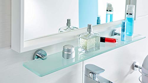tesa SMOOZ Glass Bathroom Shelf - No Drill Shelf Made of Satined Glass and Chrome-Plated Metal - Stainless - Waterproof - Includes Removable Adhesive Solution, 121 mm x 600 mm x 50 mm