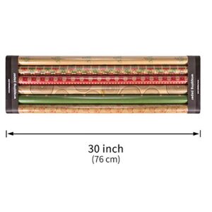 RUSPEPA Christmas Wrapping paper - Brown Kraft Paper with Red and Green Pattern For -Christmas Elements Collection-6 Roll-30Inch X 10Feet Per Roll