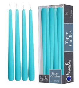 12 pack tall taper candles - 10 inch light blue - turquoise dripless, unscented dinner candle - paraffin wax with cotton wicks - 8 hour burn time.