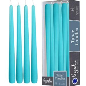 12 Pack Tall Taper Candles - 10 Inch Light Blue - Turquoise Dripless, Unscented Dinner Candle - Paraffin Wax with Cotton Wicks - 8 Hour Burn Time.