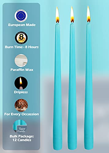 12 Pack Tall Taper Candles - 10 Inch Light Blue - Turquoise Dripless, Unscented Dinner Candle - Paraffin Wax with Cotton Wicks - 8 Hour Burn Time.