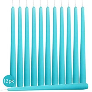 12 Pack Tall Taper Candles - 10 Inch Light Blue - Turquoise Dripless, Unscented Dinner Candle - Paraffin Wax with Cotton Wicks - 8 Hour Burn Time.