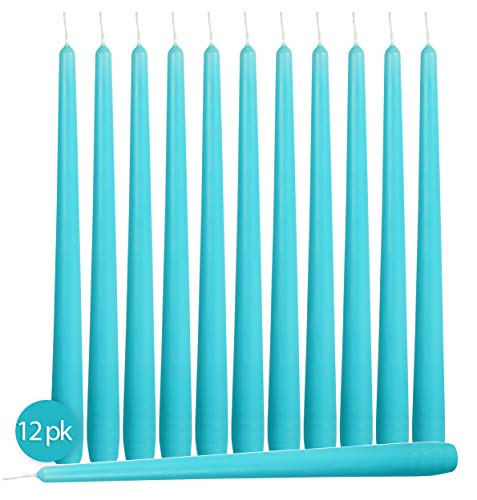 12 Pack Tall Taper Candles - 10 Inch Light Blue - Turquoise Dripless, Unscented Dinner Candle - Paraffin Wax with Cotton Wicks - 8 Hour Burn Time.