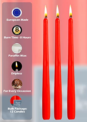 Hyoola 12 Pack Tall Red Taper Candles - 10 Inch Red Dripless, Unscented Dinner Candle - Paraffin Wax with Cotton Wicks - 8 Hour Burn Time.