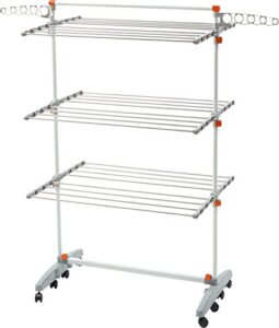 idee bdp-v23 foldable rolling 3-tier clothes laundry drying rack with stainless steel hanging rods, collapsible shelves and base for easy storage, made-in-korea, premium size, orange