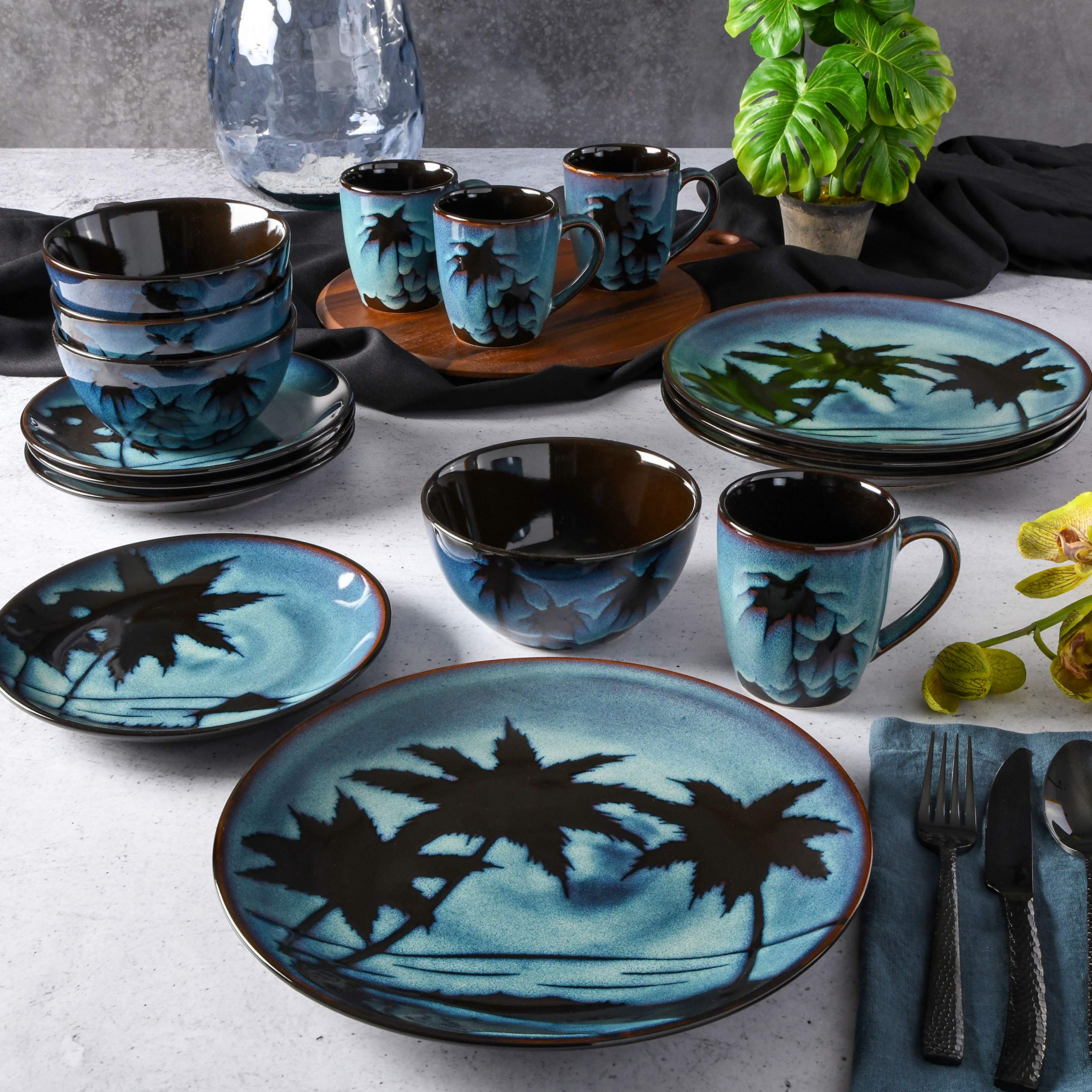 Gibson Elite Hand Painted Round Reactive Glaze Stoneware Dinnerware Set, Service for 4 (16pcs), Sunset Blue