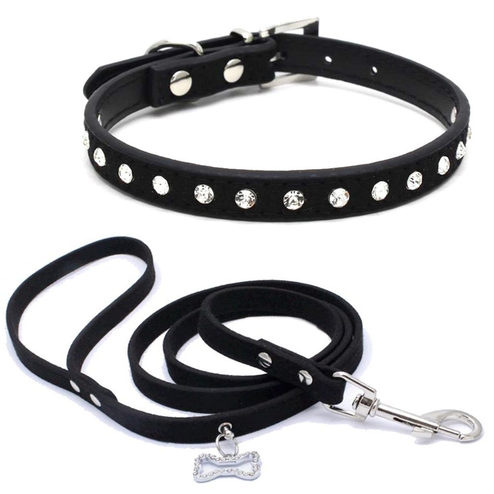 Benala One Row Bling Diamond Rhinestone Suede Leather Pet Dog Collar and Leash 2Pcs for Small Medium Dogs Black,S