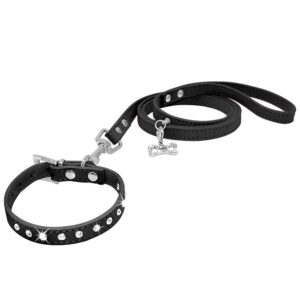 Benala One Row Bling Diamond Rhinestone Suede Leather Pet Dog Collar and Leash 2Pcs for Small Medium Dogs Black,S