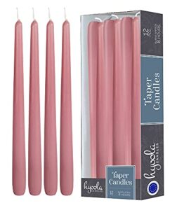 12 pack tall taper candles - 10 inch rose pink dripless, unscented dinner candle - paraffin wax with cotton wicks - 8 hour burn time