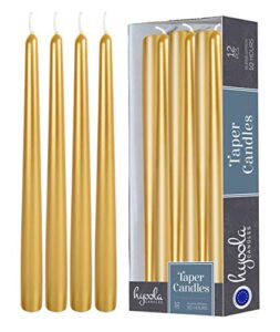 12 pack tall metallic taper candles - 12 inch gold painted metallic, dripless, unscented dinner candle - paraffin wax with cotton wicks - individually wrapped -by hyoola