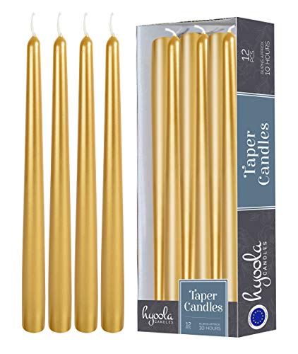 12 Pack Tall Metallic Taper Candles - 12 Inch Gold Painted Metallic, Dripless, Unscented Dinner Candle - Paraffin Wax with Cotton Wicks - Individually Wrapped -by Hyoola