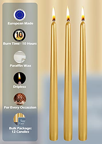 12 Pack Tall Metallic Taper Candles - 12 Inch Gold Painted Metallic, Dripless, Unscented Dinner Candle - Paraffin Wax with Cotton Wicks - Individually Wrapped -by Hyoola