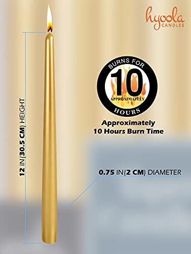 12 Pack Tall Metallic Taper Candles - 12 Inch Gold Painted Metallic, Dripless, Unscented Dinner Candle - Paraffin Wax with Cotton Wicks - Individually Wrapped -by Hyoola