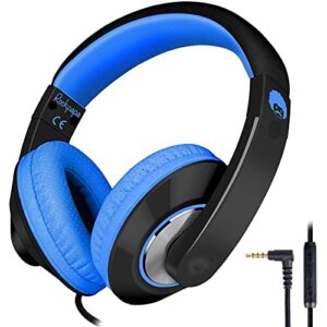 rockpapa comfort+ kids headphones with microphone and volume control, boys girls student over-ear headphones wired for school classroom laptop pc computer tablet black blue