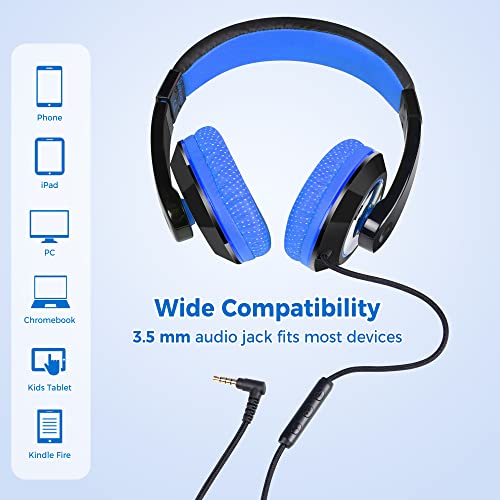 rockpapa Comfort+ Kids Headphones with Microphone and Volume Control, Boys Girls Student Over-Ear Headphones Wired for School Classroom Laptop PC Computer Tablet Black Blue