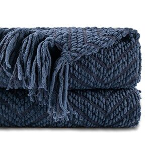 battilo home navy blue throw blanket for couch, knitted blue blanket throw 50'' x 60'', super soft warm navy throws for chair sofa home decor