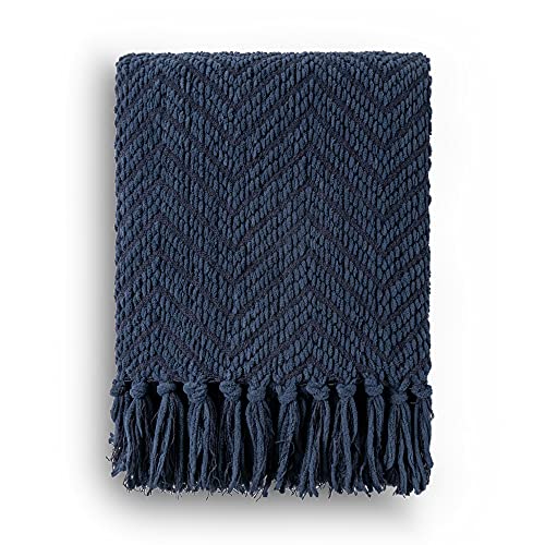 BATTILO HOME Navy Blue Throw Blanket for Couch, Knitted Blue Blanket Throw 50'' x 60'', Super Soft Warm Navy Throws for Chair Sofa Home Decor