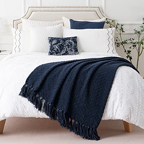 BATTILO HOME Navy Blue Throw Blanket for Couch, Knitted Blue Blanket Throw 50'' x 60'', Super Soft Warm Navy Throws for Chair Sofa Home Decor