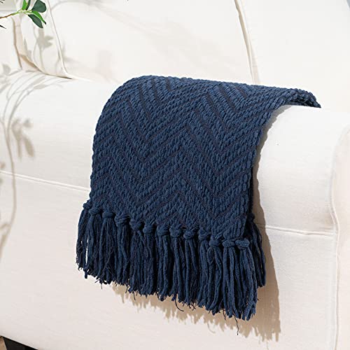 BATTILO HOME Navy Blue Throw Blanket for Couch, Knitted Blue Blanket Throw 50'' x 60'', Super Soft Warm Navy Throws for Chair Sofa Home Decor