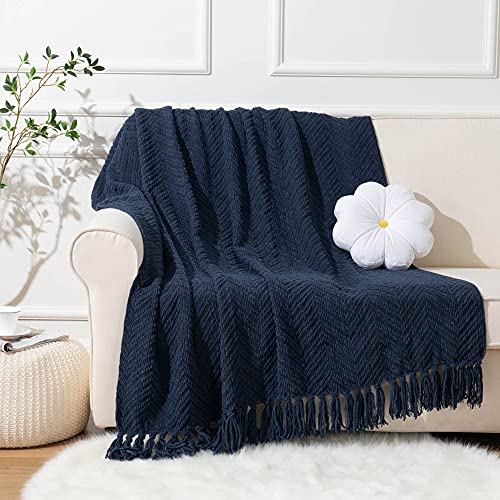 BATTILO HOME Navy Blue Throw Blanket for Couch, Knitted Blue Blanket Throw 50'' x 60'', Super Soft Warm Navy Throws for Chair Sofa Home Decor