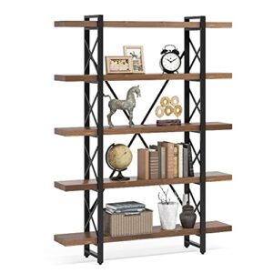 little tree 5 tier bookcase, solid wood 5-shelf industrial style bookcases and book shelves, metal and wood free vintage bookshelf (wood)
