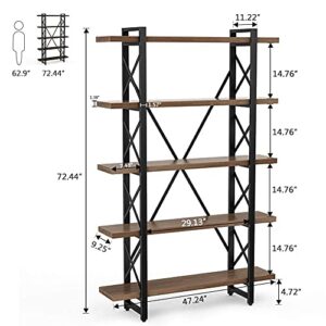 LITTLE TREE 5 Tier Bookcase, Solid Wood 5-Shelf Industrial Style Bookcases and Book Shelves, Metal and Wood Free Vintage Bookshelf (Wood)