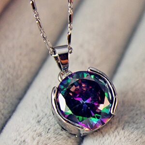 Phonphisai shop 18K White Gold Filled- 12MM Mystical Rainbow Topaz Round Pendant Women Necklace