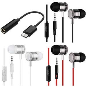 dakuan 3 packs earbud headphones with remote & microphone, in ear earphone stereo sound tangle free for smartphones, laptops, gaming, fits all 3.5mm interface device with type-c adapter